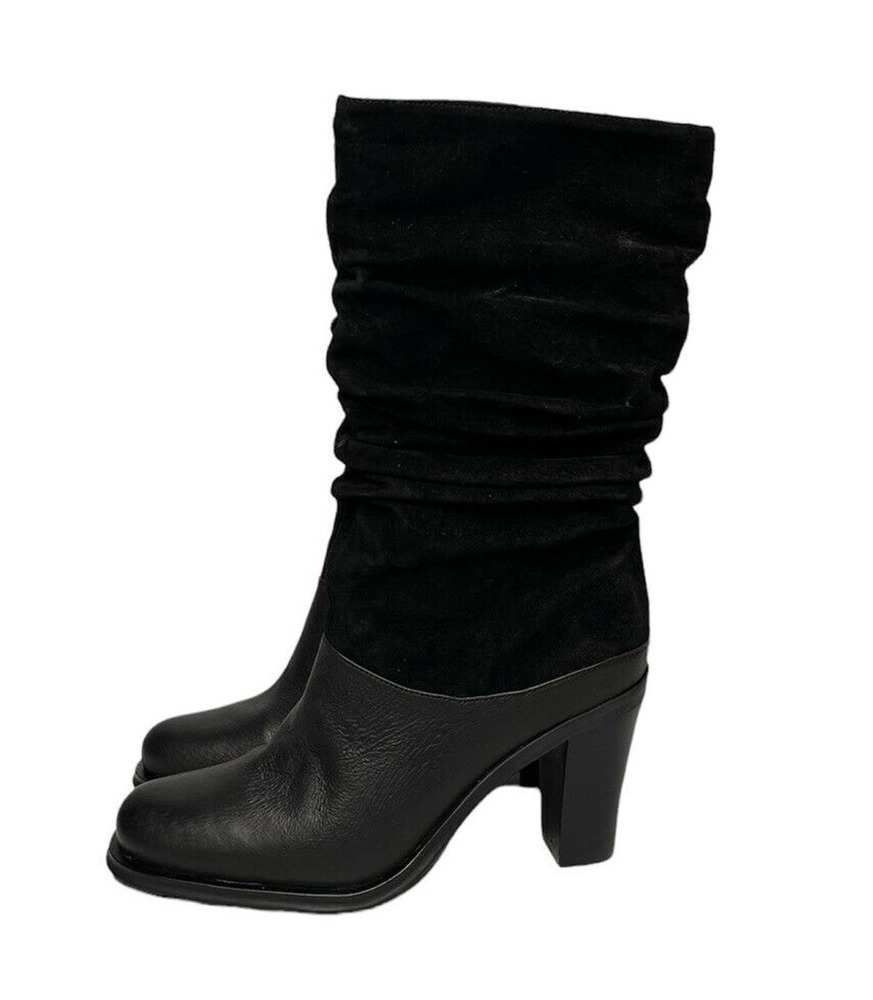 Womens Markon Danielle Black Leather Seude Slouchy Scrunched Round Toe Boots 6.5
